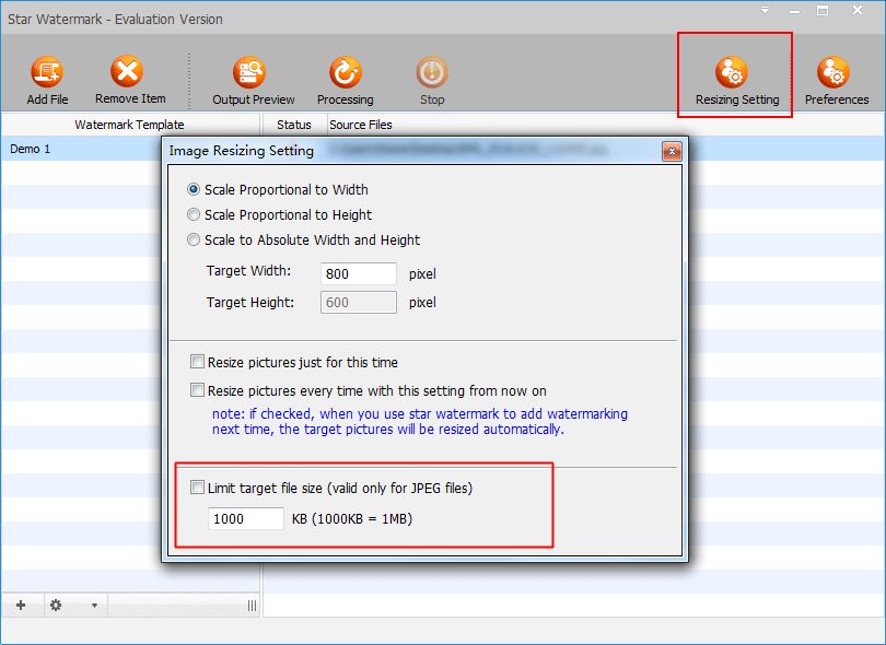 image resizing setting